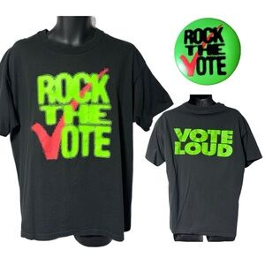 Vintage MTV Rock The Vote Tee Shirt XL Double Sided With Pin Giant USA 90s Neon